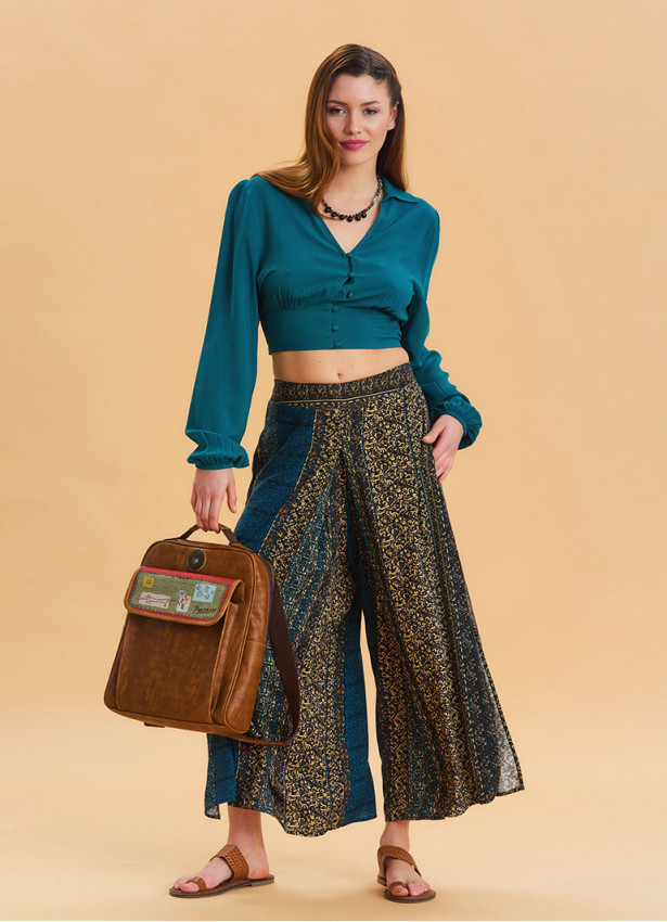 Elasticated Waistband with Slit Detail  Petrol Blue Wide Leg Trousers 4840